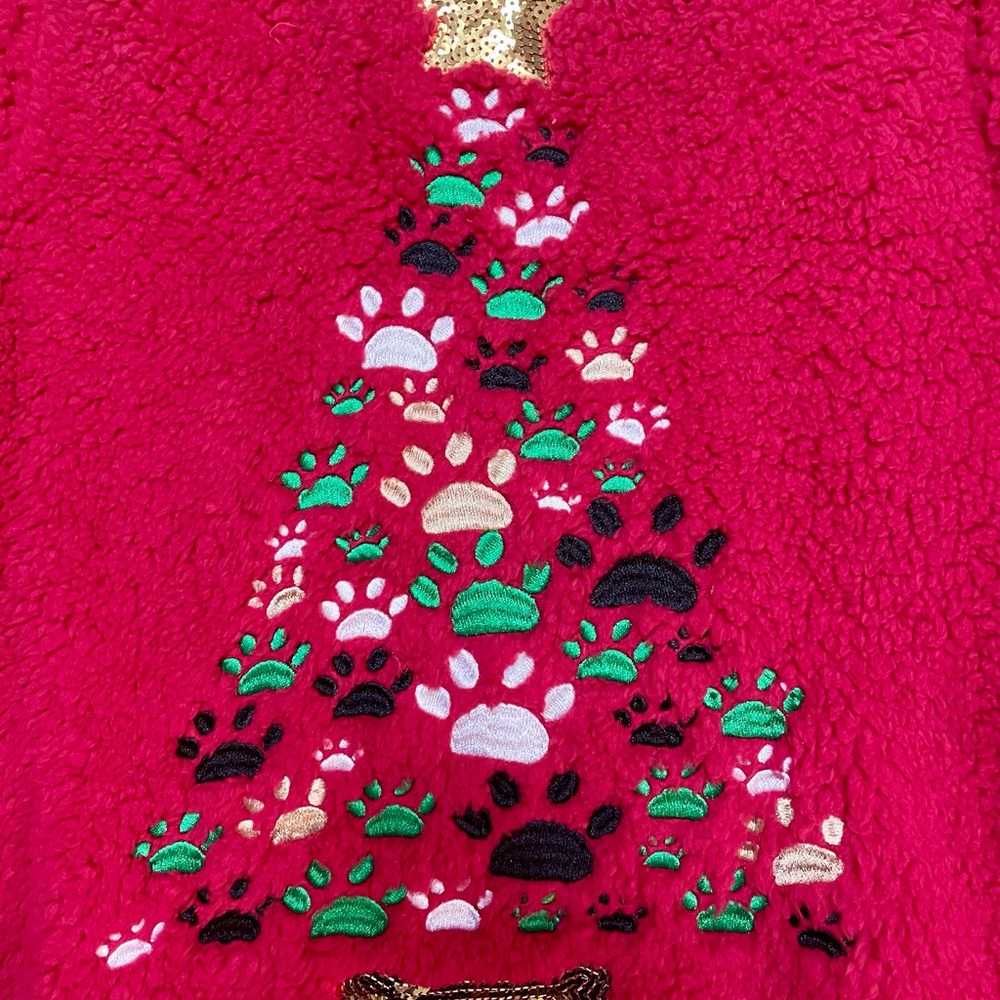Cozy Fluffy Red Christmas Tree Paw Print Sweater - new with tags